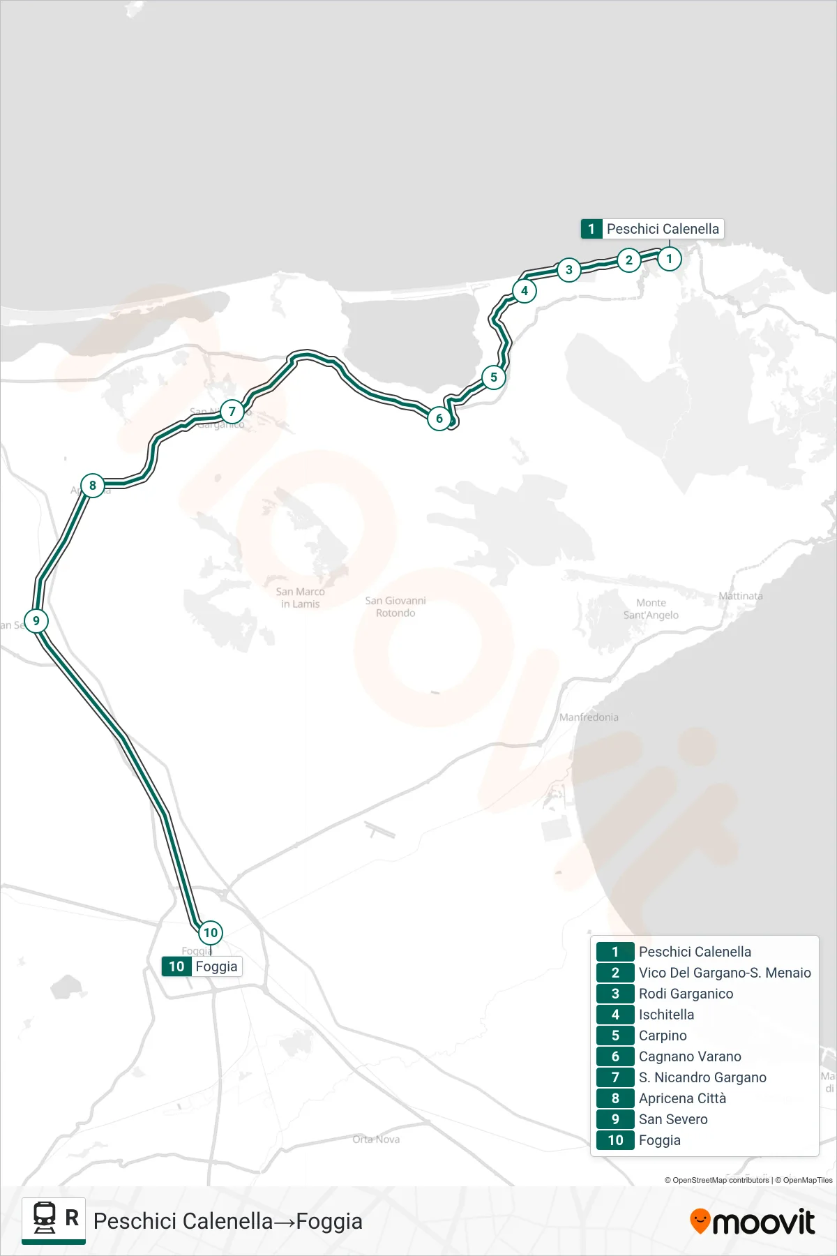 Linea R treno (Peschici Calenella→Foggia) - Percorsi e fermate sulla mappa