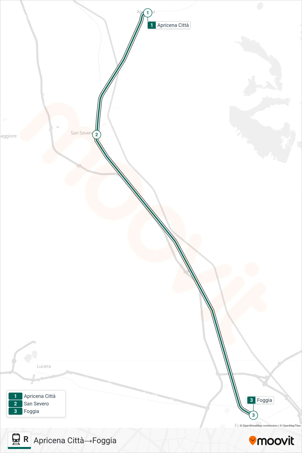 Linea R treno (Apricena Città→Foggia) - Percorsi e fermate sulla mappa