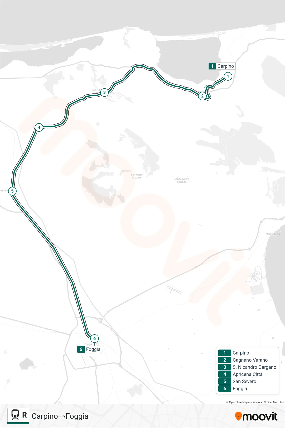Linea R treno (Carpino→Foggia) - Percorsi e fermate sulla mappa