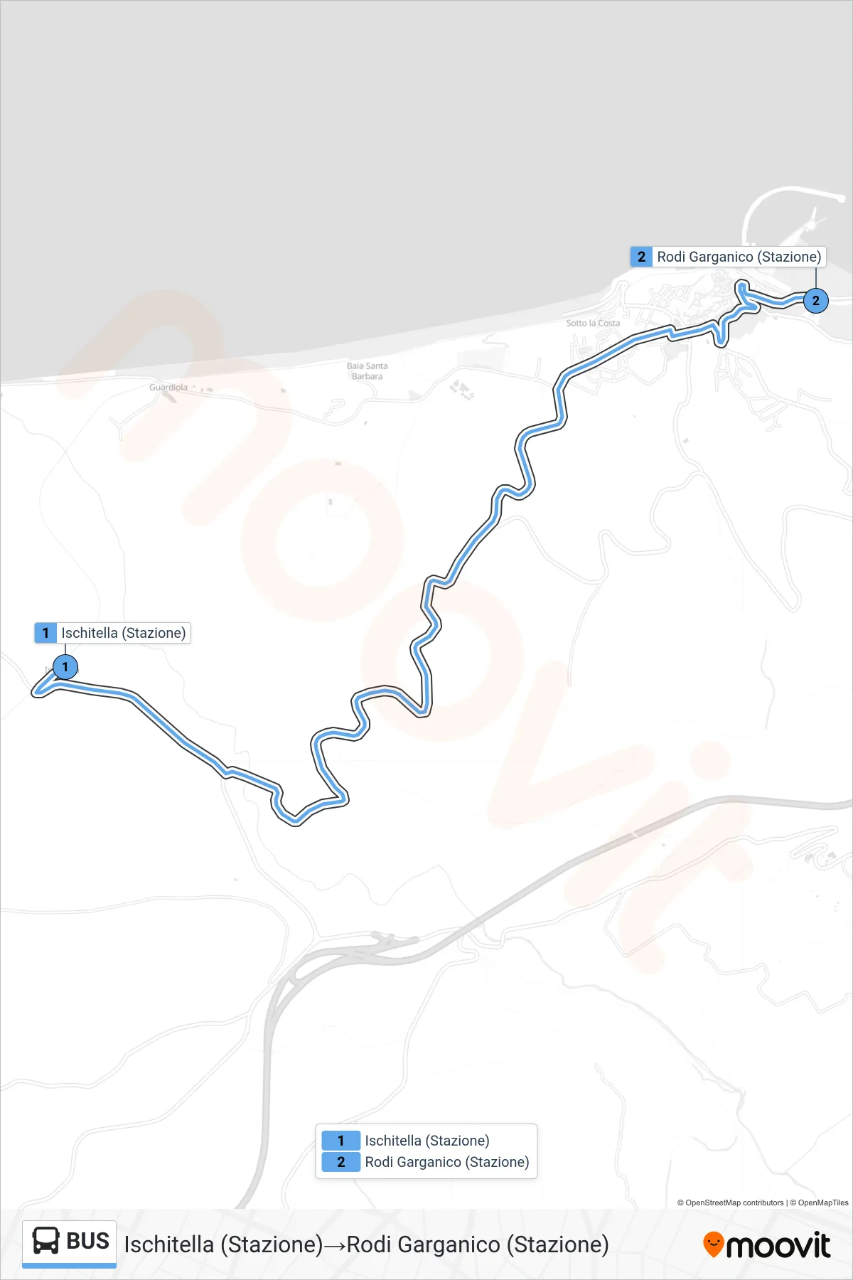 Linea BUS bus (Ischitella (Stazione)→Rodi Garganico (Stazione)) - Percorsi e fermate sulla mappa