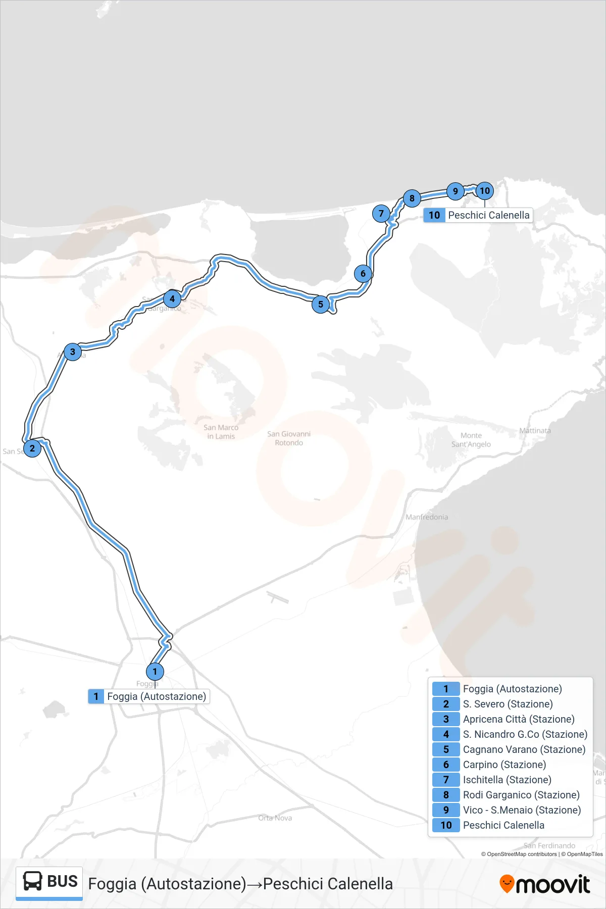 Linea BUS  bus (Foggia (Autostazione)‎→Peschici Calenella) - Percorsi e fermate sulla mappa