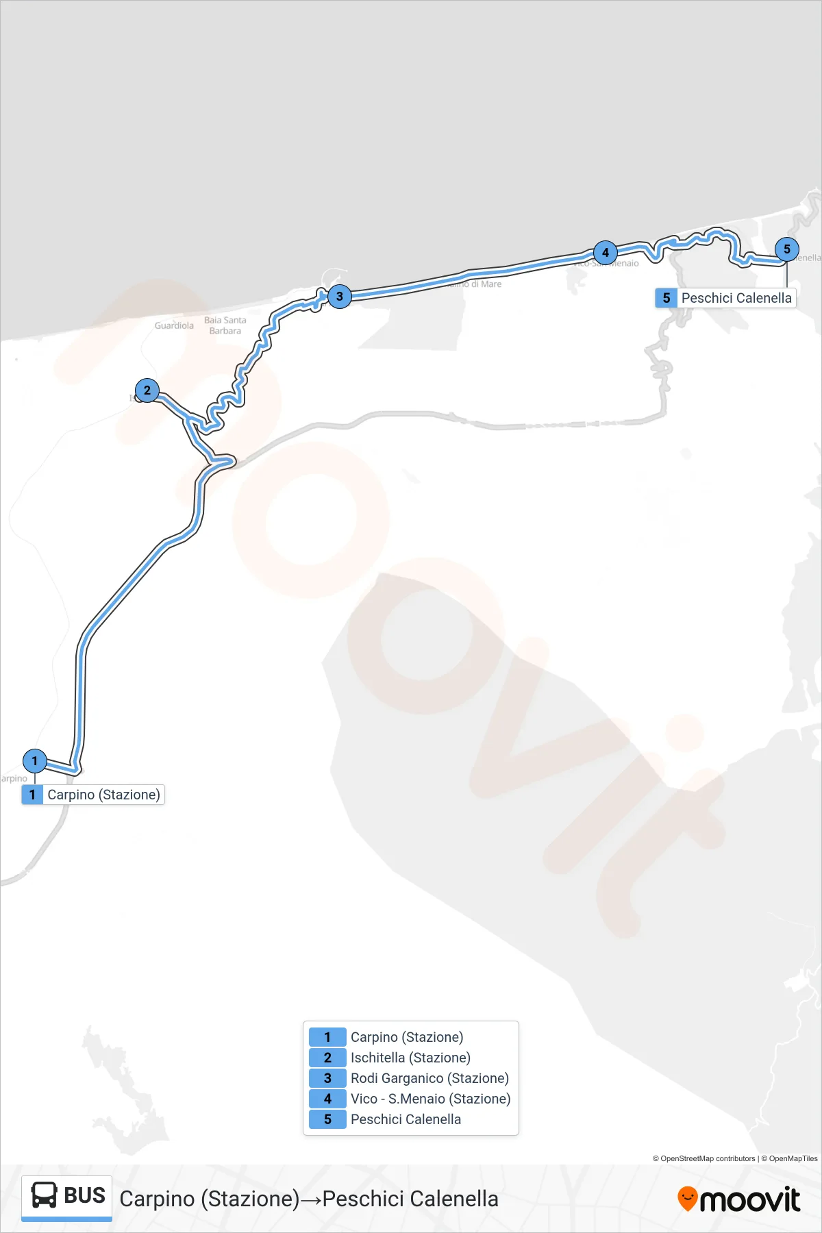 Linea BUS bus (Carpino (Stazione)→Peschici Calenella) - Percorsi e fermate sulla mappa