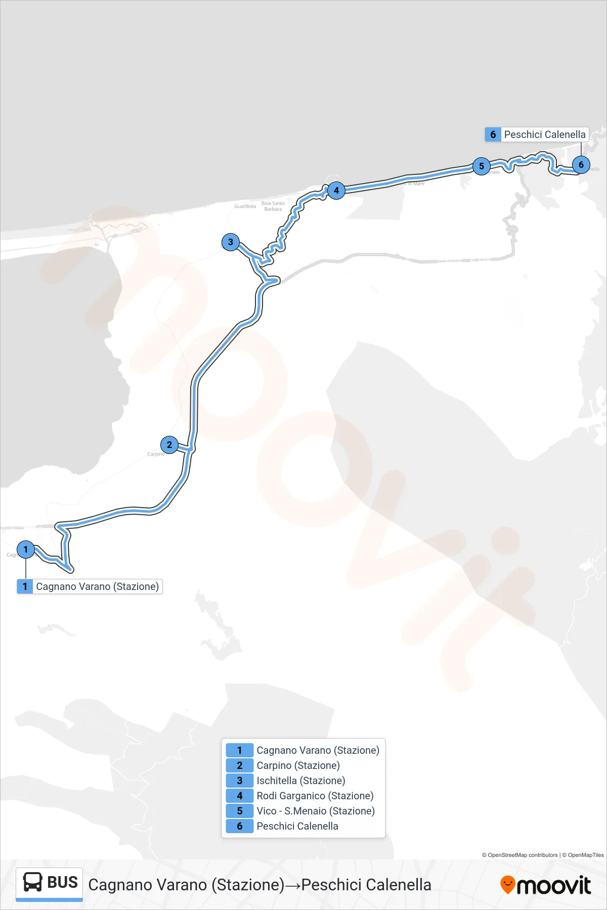 Linea BUS bus (Cagnano Varano (Stazione)→Peschici Calenella) - Percorsi e fermate sulla mappa