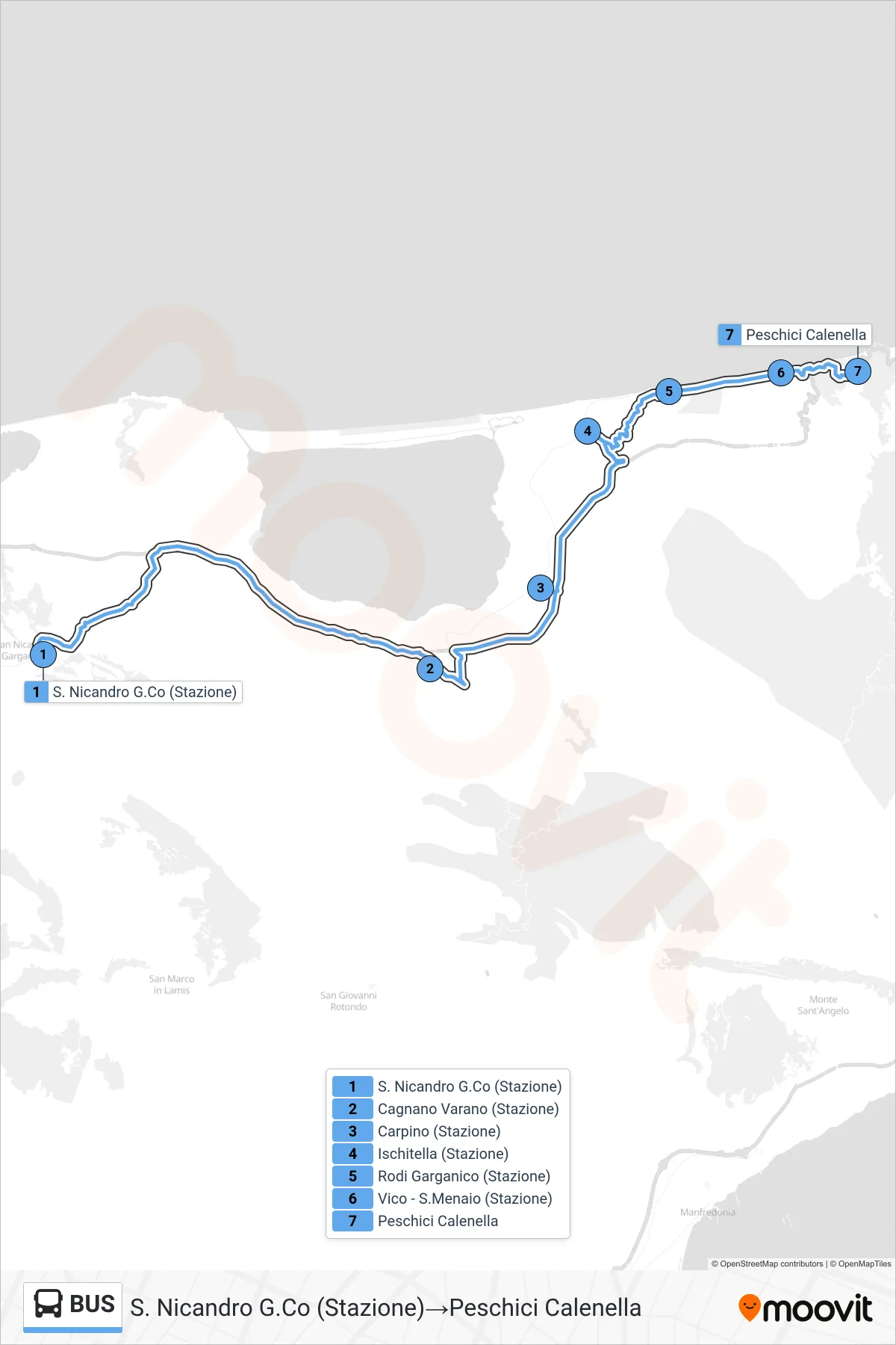 Linea BUS  bus (S. Nicandro G.Co (Stazione)‎→Peschici Calenella) - Percorsi e fermate sulla mappa