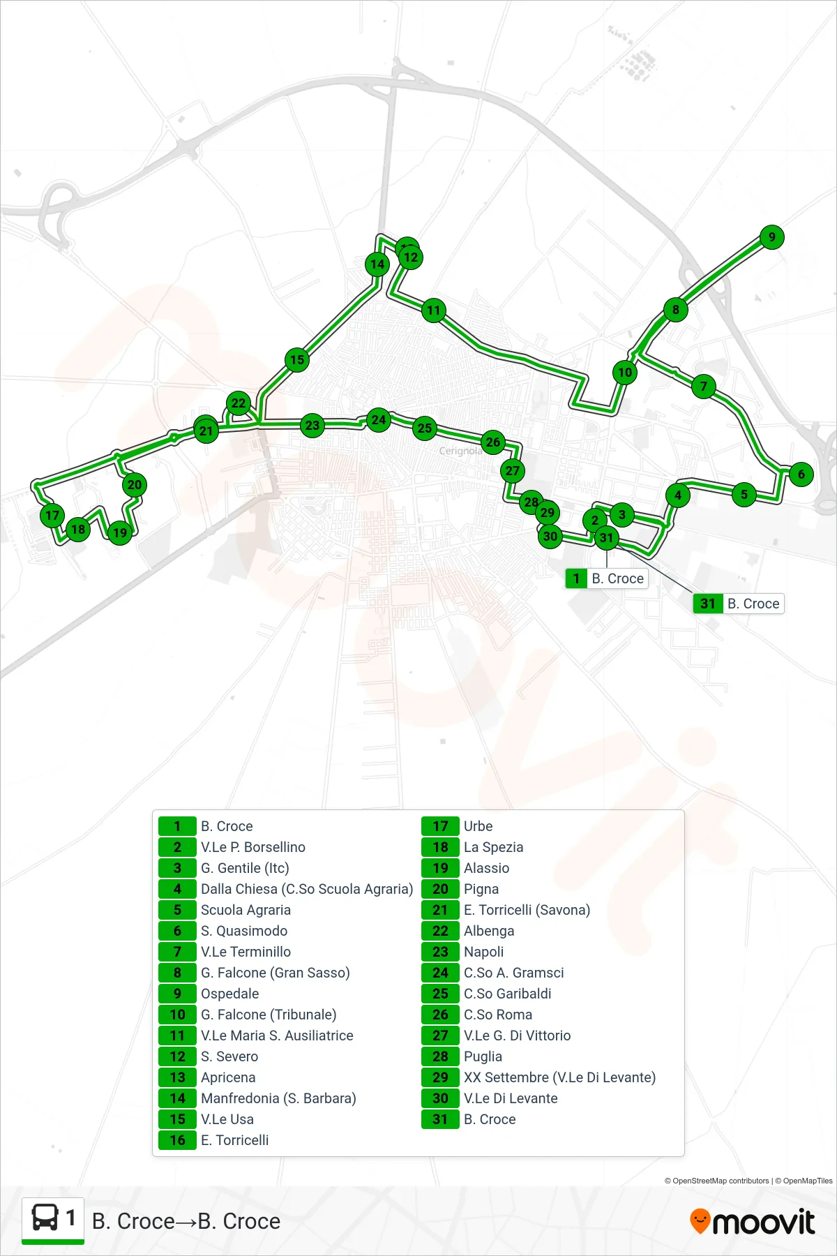 Linea 1 tram (B. Croce→B. Croce) - Percorsi e fermate sulla mappa