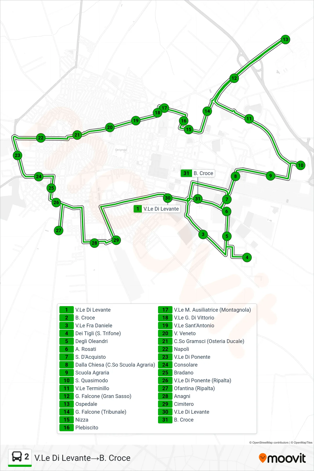Linea 2 tram (V.Le Di Levante→B. Croce) - Percorsi e fermate sulla mappa