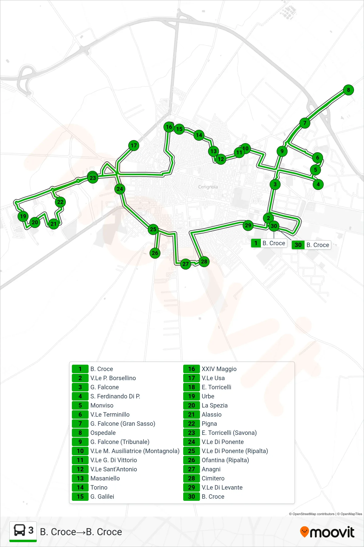 Linea 3 tram (B. Croce→B. Croce) - Percorsi e fermate sulla mappa