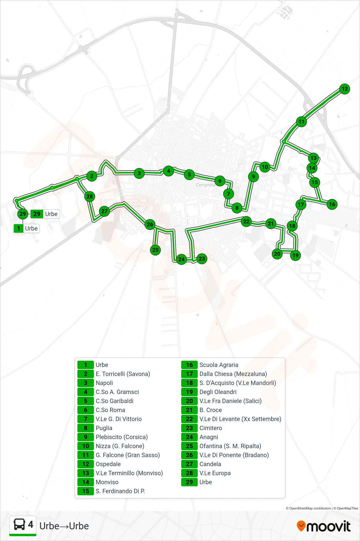 Linea 4  tram (Urbe‎→Urbe) - Percorsi e fermate sulla mappa