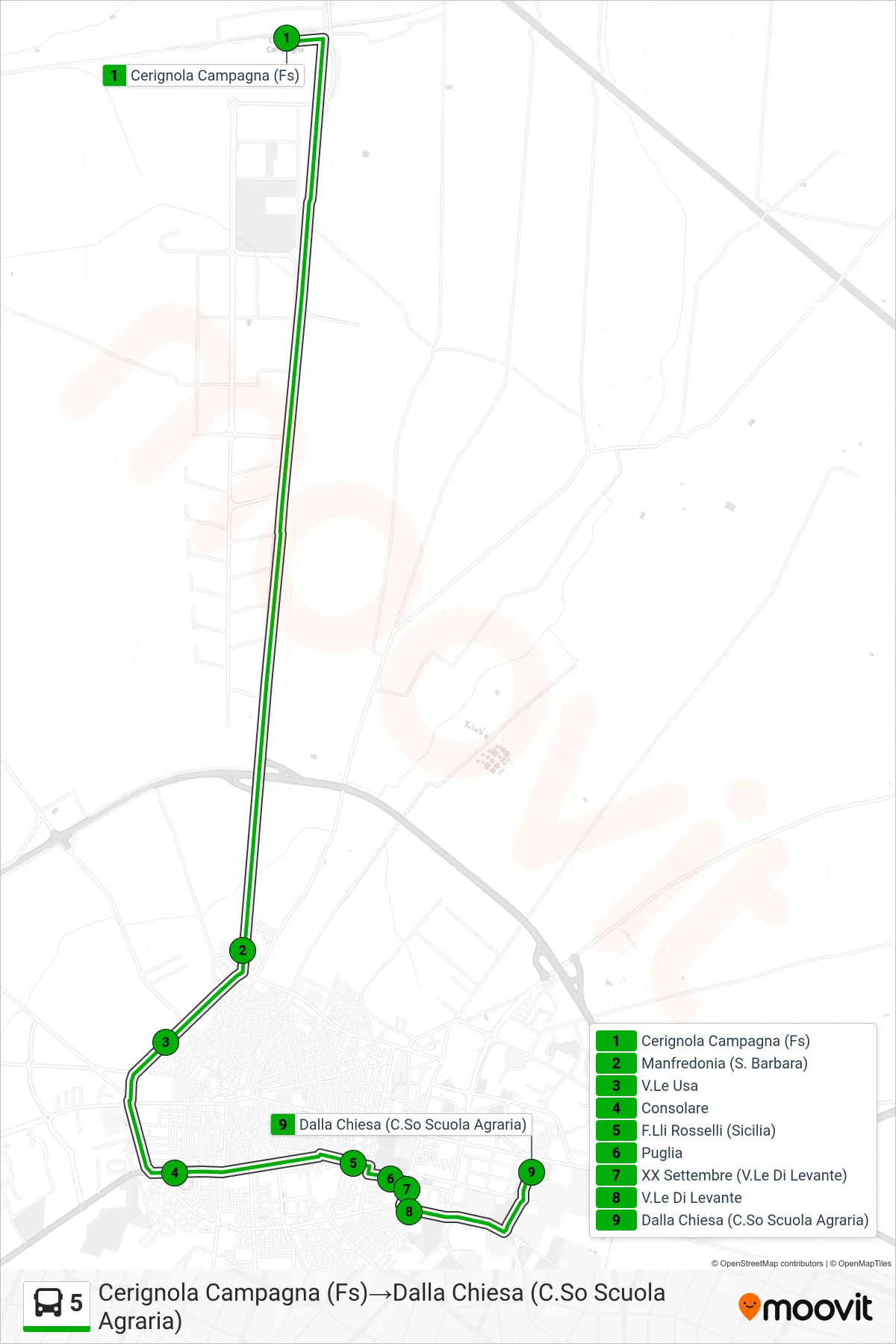 Linea 5  tram (Cerignola Campagna (Fs)‎→Dalla Chiesa (C.So Scuola Agraria)) - Percorsi e fermate sulla mappa