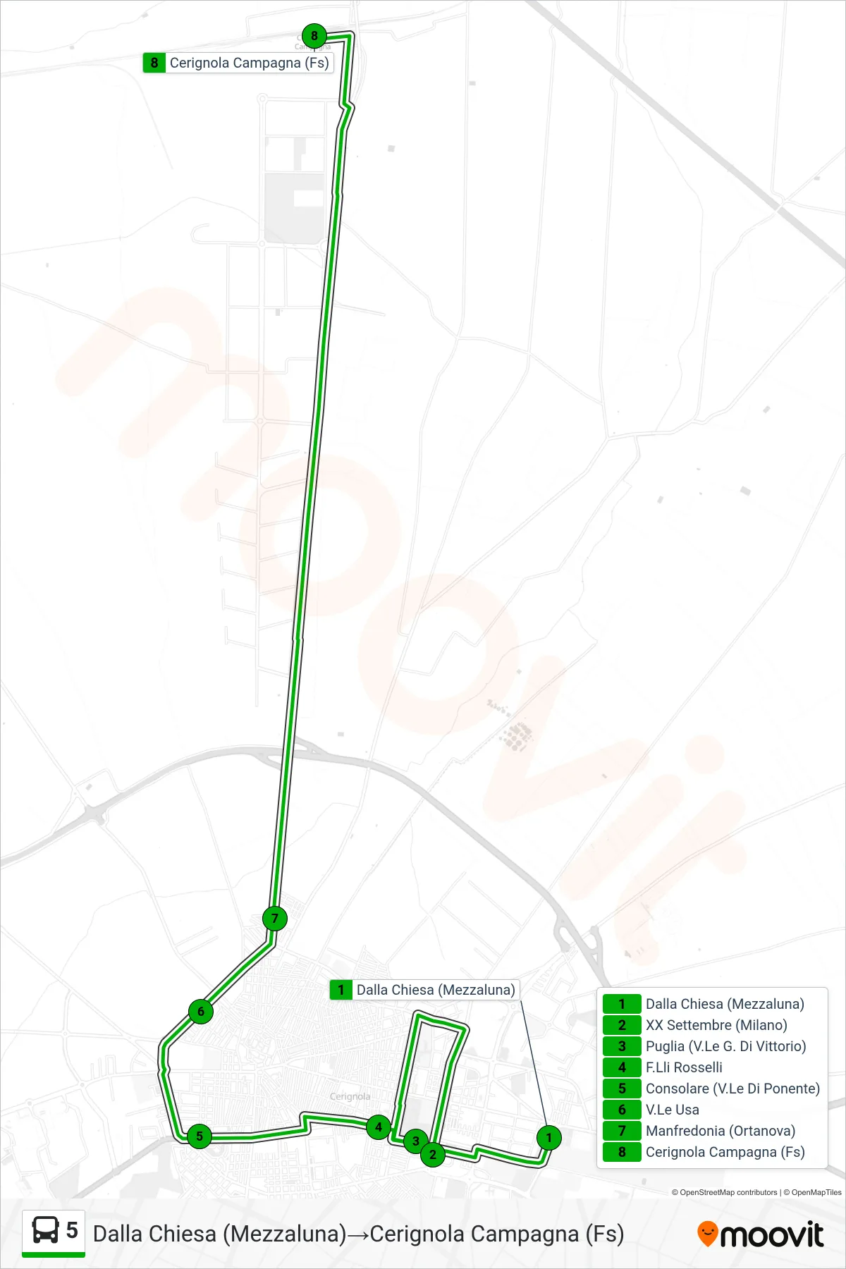 Linea 5 tram (Dalla Chiesa (Mezzaluna)→Cerignola Campagna (Fs)) - Percorsi e fermate sulla mappa