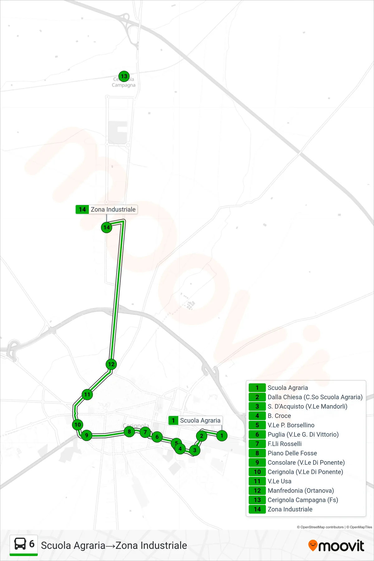 Linea 6 tram (Scuola Agraria→Zona Industriale) - Percorsi e fermate sulla mappa