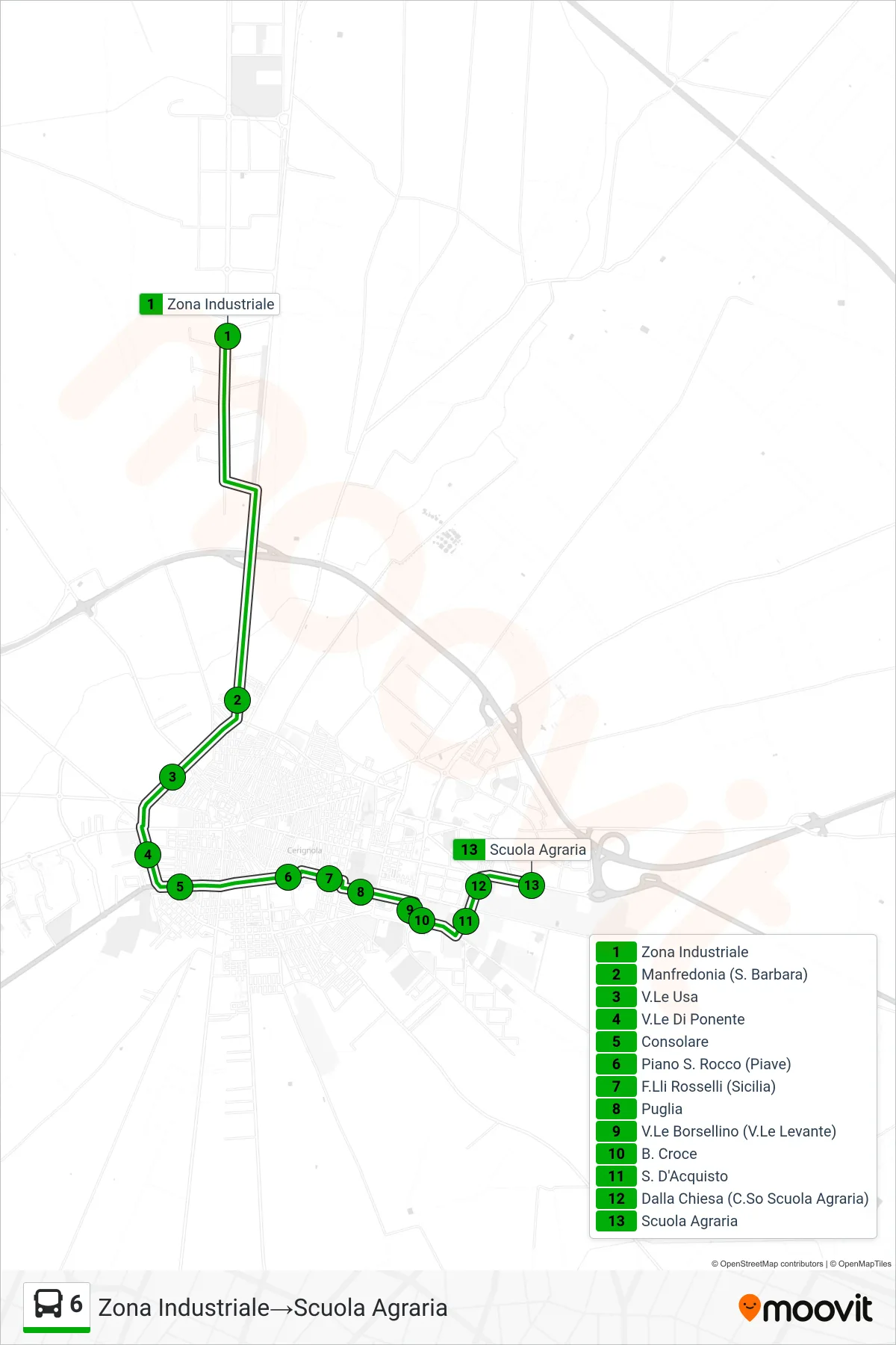 Linea 6 tram (Zona Industriale→Scuola Agraria) - Percorsi e fermate sulla mappa
