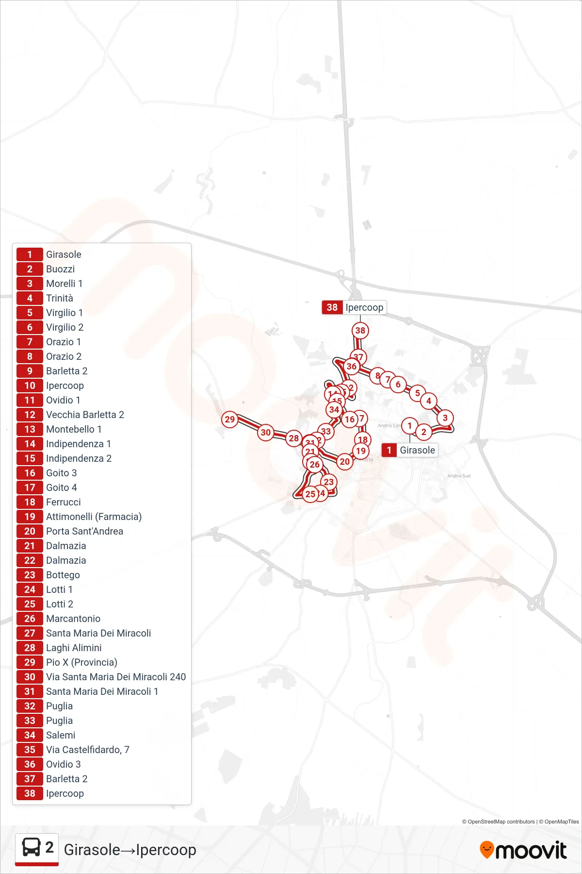 2 bus Line (Girasole→Ipercoop) route and stops on a map