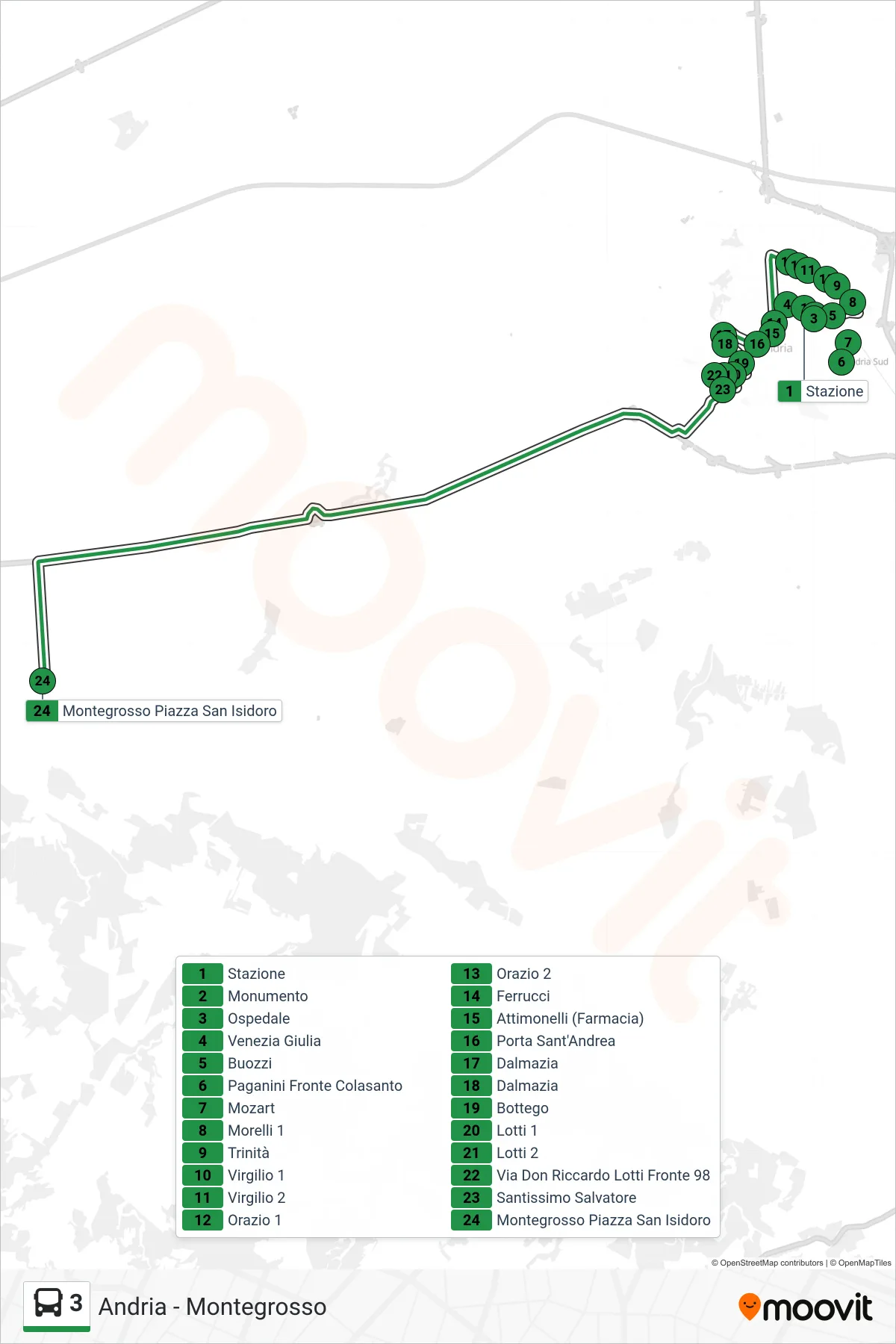 Linea 3  bus (Stazione‎→Montegrosso Piazza San Isidoro) - Percorsi e fermate sulla mappa