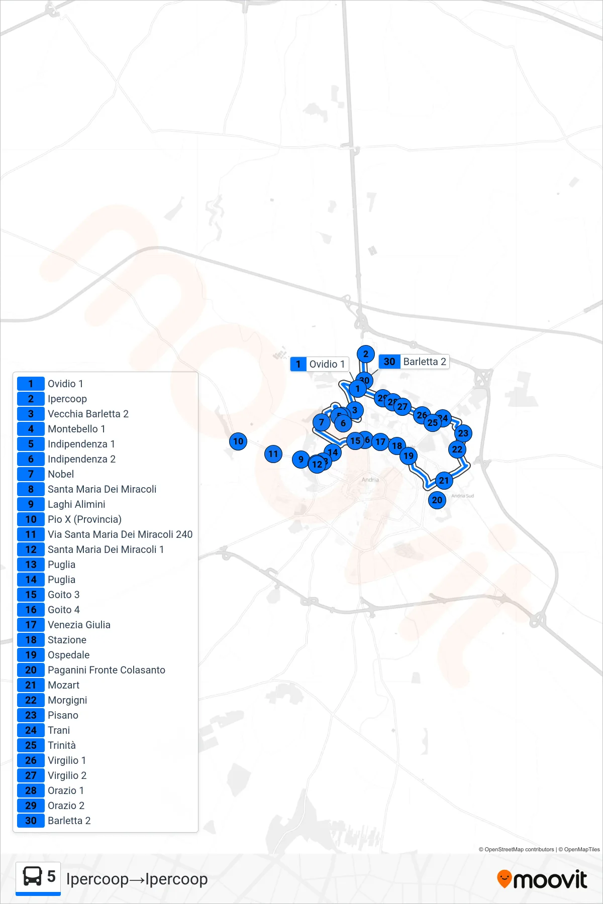 Linea 5 bus (Ipercoop→Ipercoop) - Percorsi e fermate sulla mappa