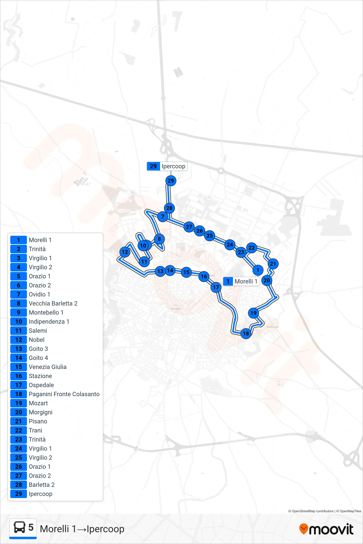 Linea 5 bus (Morelli 1→Ipercoop) - Percorsi e fermate sulla mappa