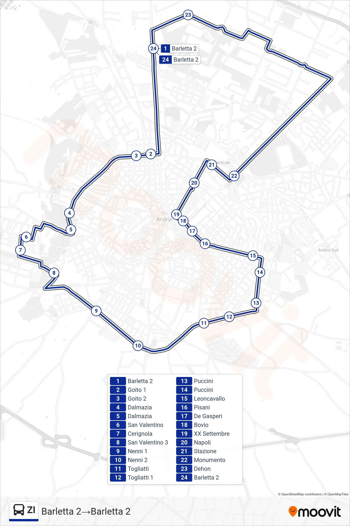 Linea ZI bus (Barletta 2→Barletta 2) - Percorsi e fermate sulla mappa