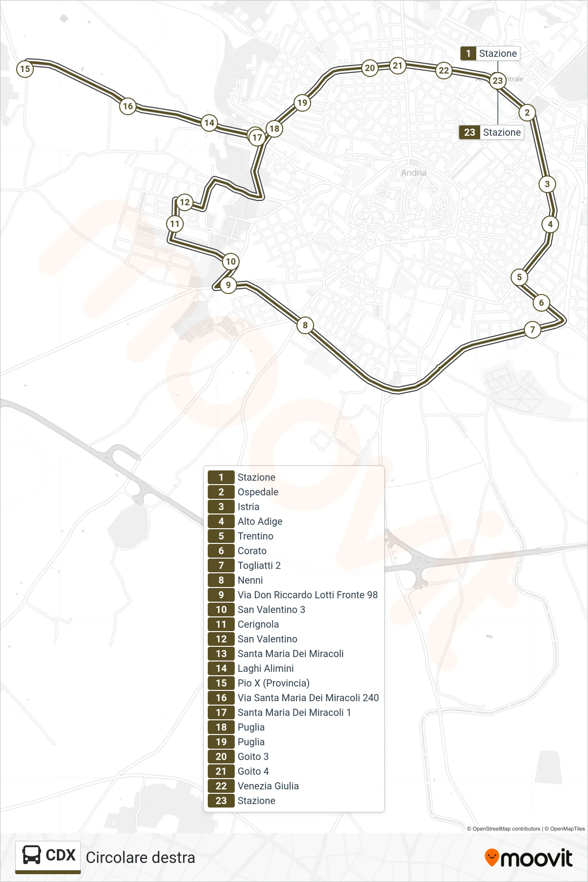 Linea CDX  bus (Stazione‎→Stazione) - Percorsi e fermate sulla mappa