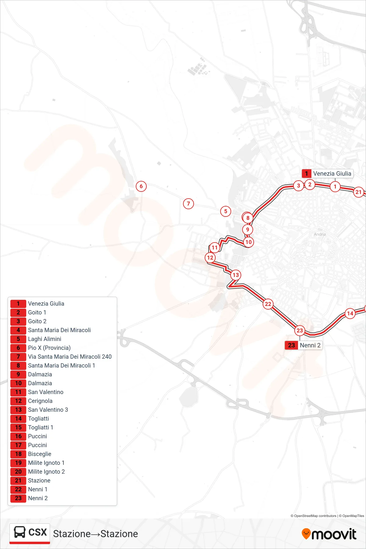 Linea CSX bus (Stazione→Stazione) - Percorsi e fermate sulla mappa
