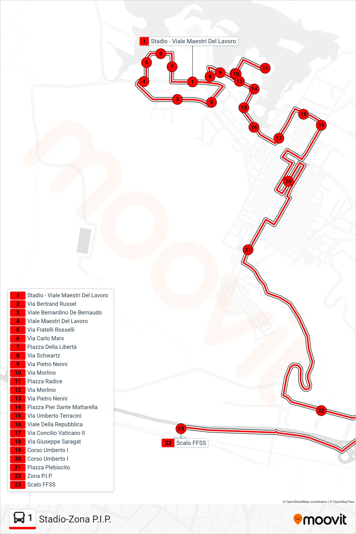 Linea 1  bus (Stadio - Viale Maestri Del Lavoro‎→Scalo FFSS) - Percorsi e fermate sulla mappa