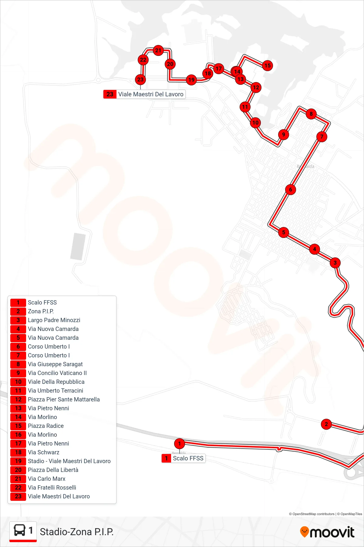 Linea 1 bus (Scalo FFSS→Viale Maestri Del Lavoro) - Percorsi e fermate sulla mappa