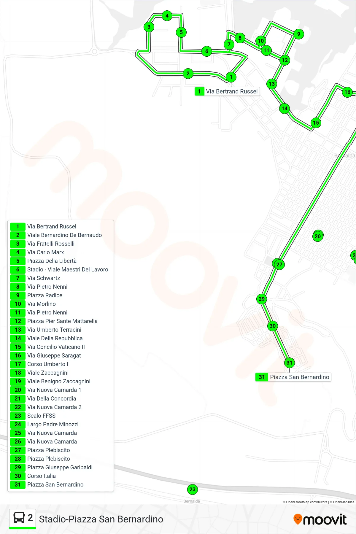 Linea 2 bus (Stadio - Viale Maestri Del Lavoro→Piazza San Bernardino) - Percorsi e fermate sulla mappa