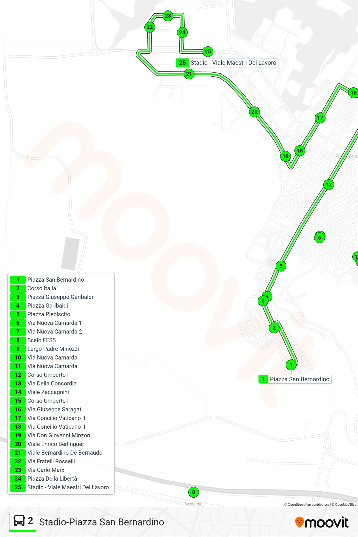 Linea 2 bus (Piazza San Bernardino→Stadio - Viale Maestri Del Lavoro) - Percorsi e fermate sulla mappa