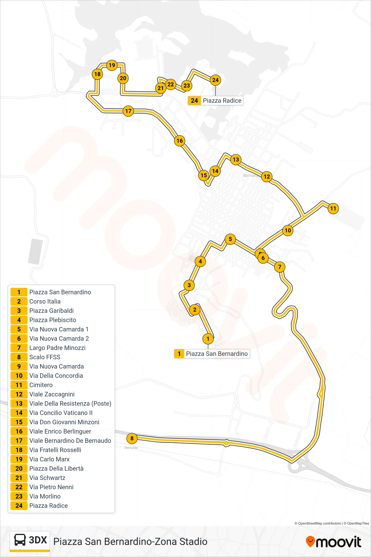 Linea 3DX bus (Piazza San Bernardino→Piazza Radice) - Percorsi e fermate sulla mappa