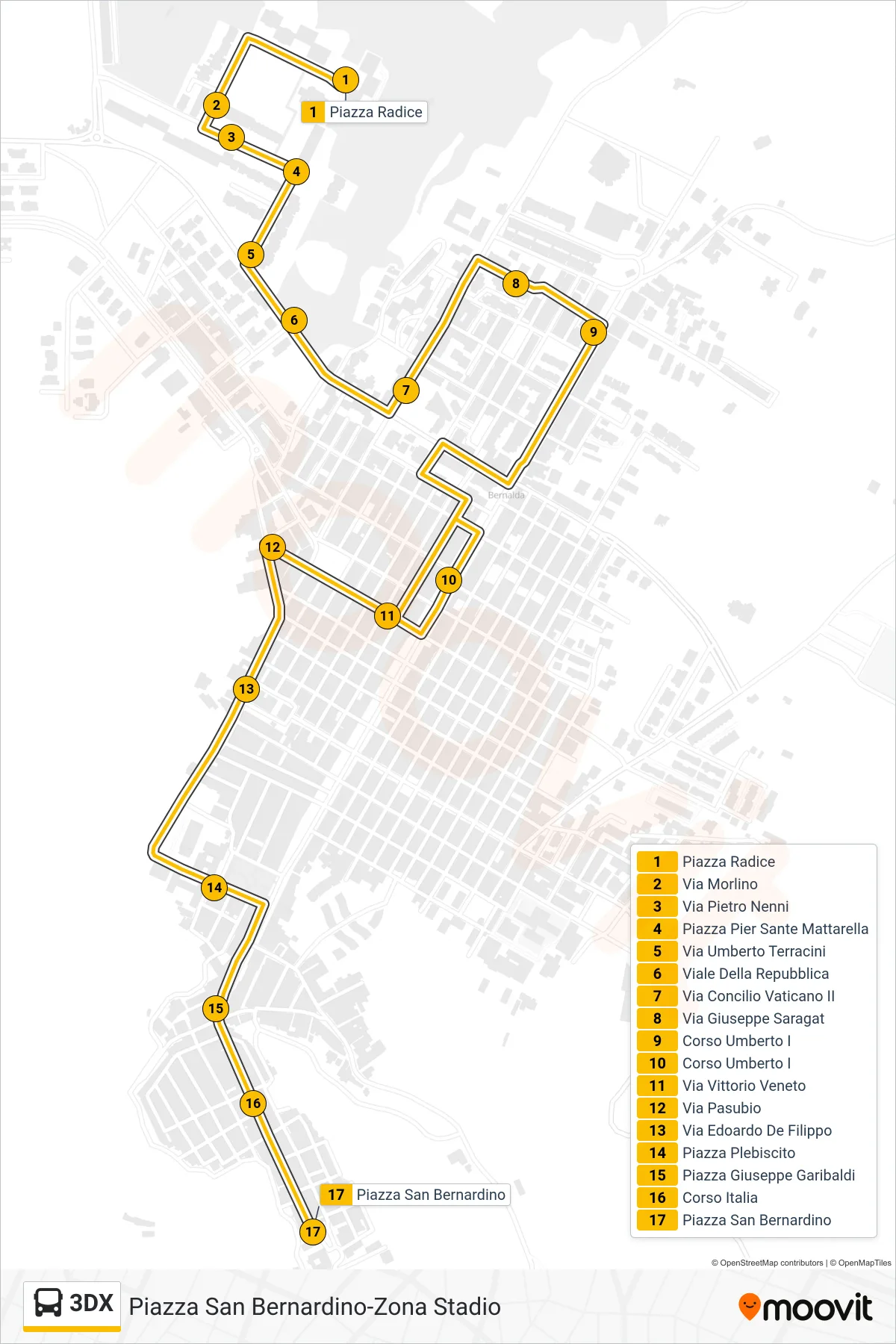 Linea 3DX bus (Piazza Radice→Piazza San Bernardino) - Percorsi e fermate sulla mappa