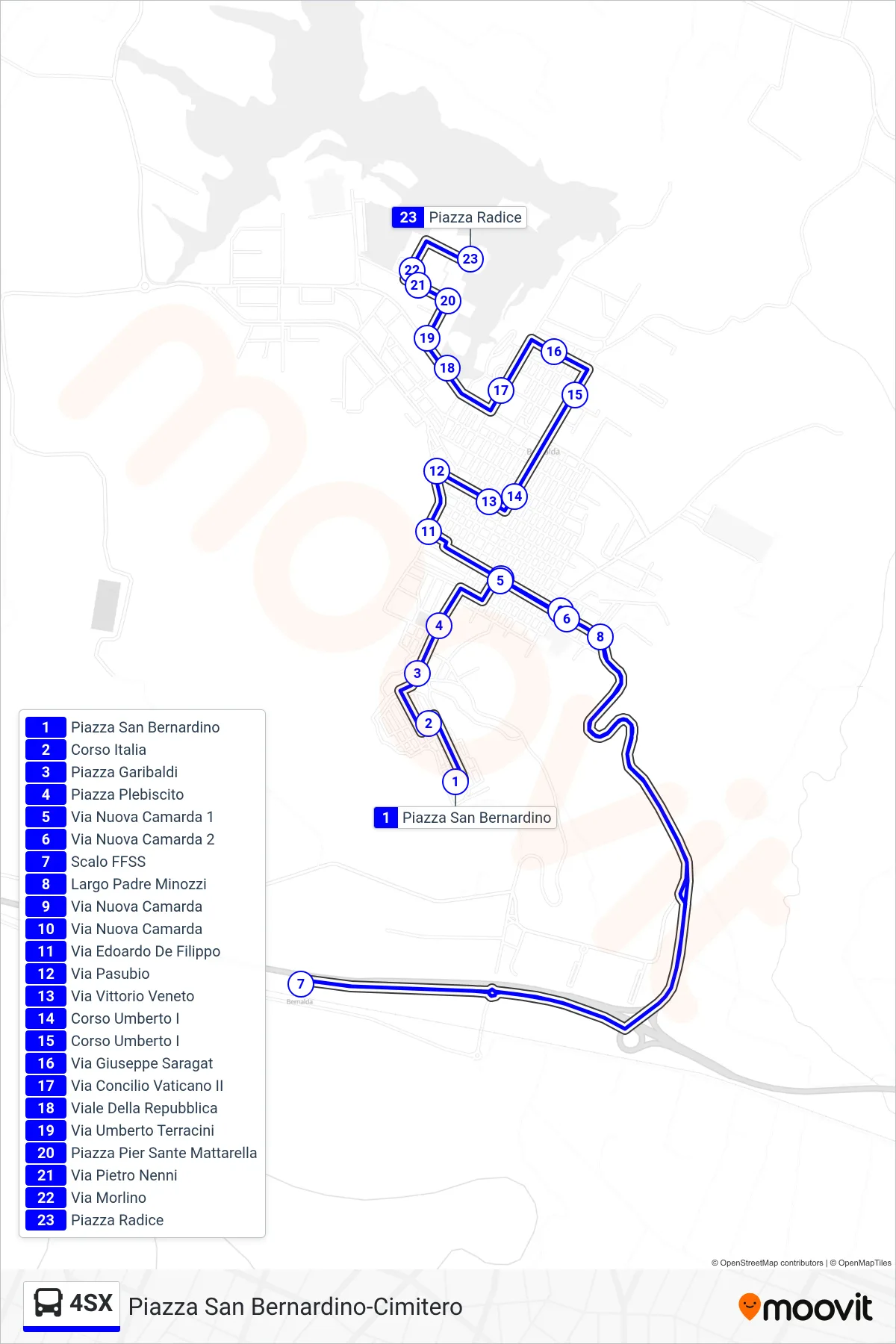 Linea 4SX  bus (Piazza San Bernardino‎→Piazza Radice) - Percorsi e fermate sulla mappa