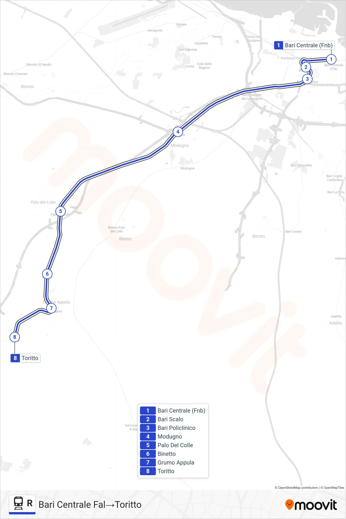 Linea R treno (Bari Centrale Fal→Toritto) - Percorsi e fermate sulla mappa