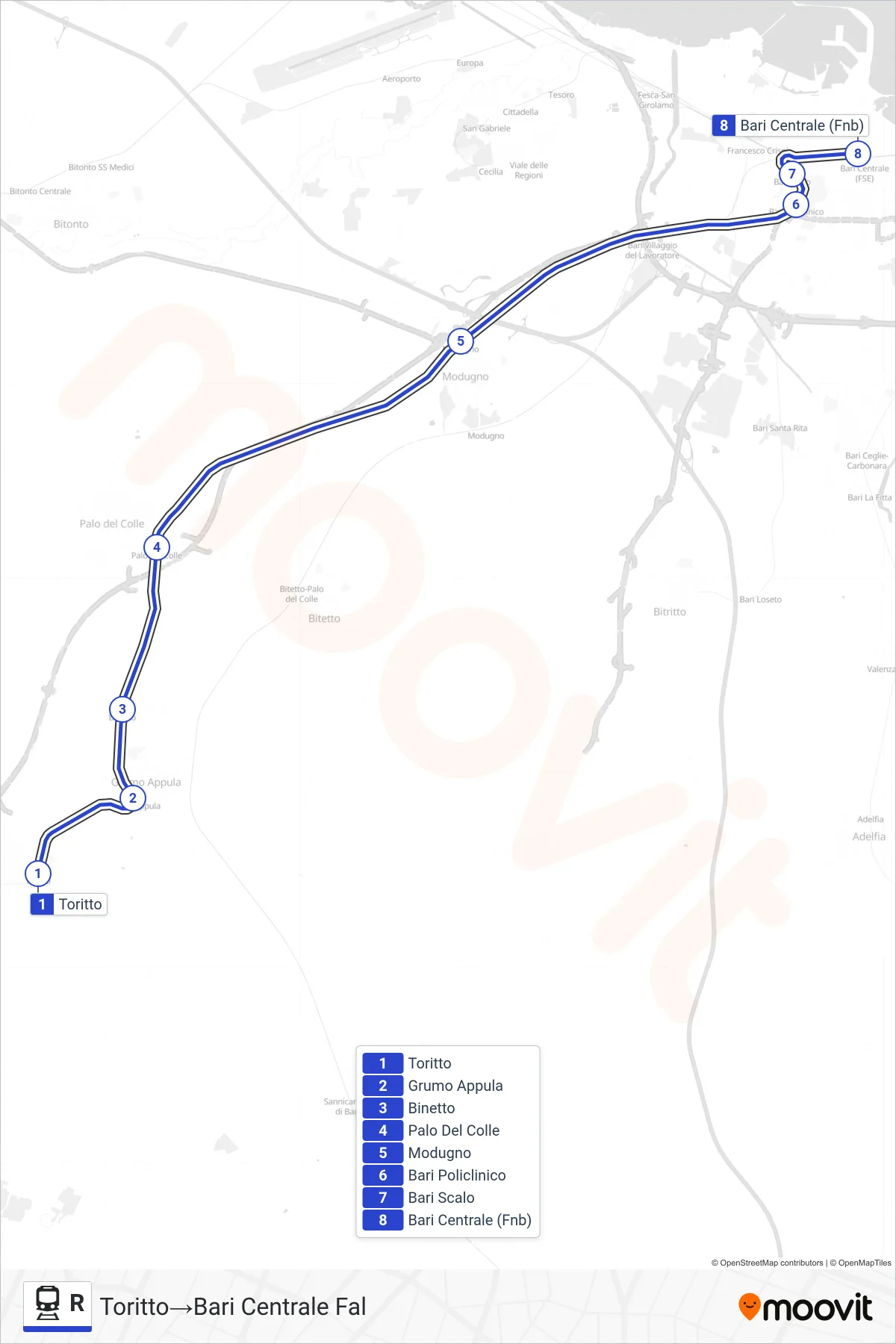 Linea R  treno (Toritto‎→Bari Centrale Fal) - Percorsi e fermate sulla mappa