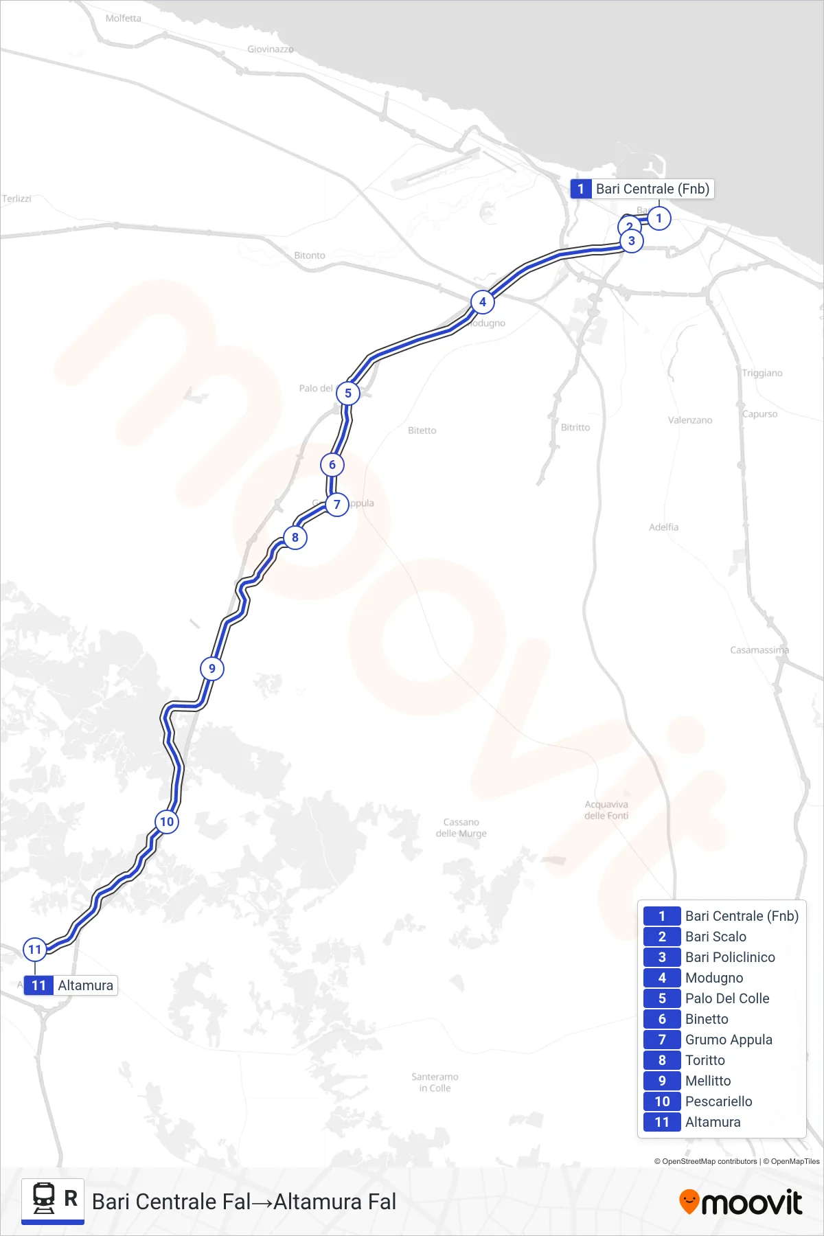 Linea R treno (Bari Centrale Fal→Altamura Fal) - Percorsi e fermate sulla mappa