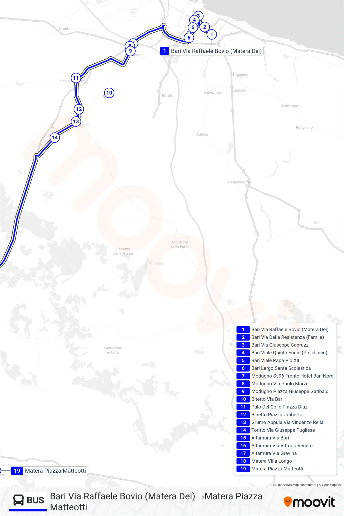 Linea BUS bus (Bari Via Raffaele Bovio (Matera Dei)→Matera Piazza Matteotti) - Percorsi e fermate sulla mappa