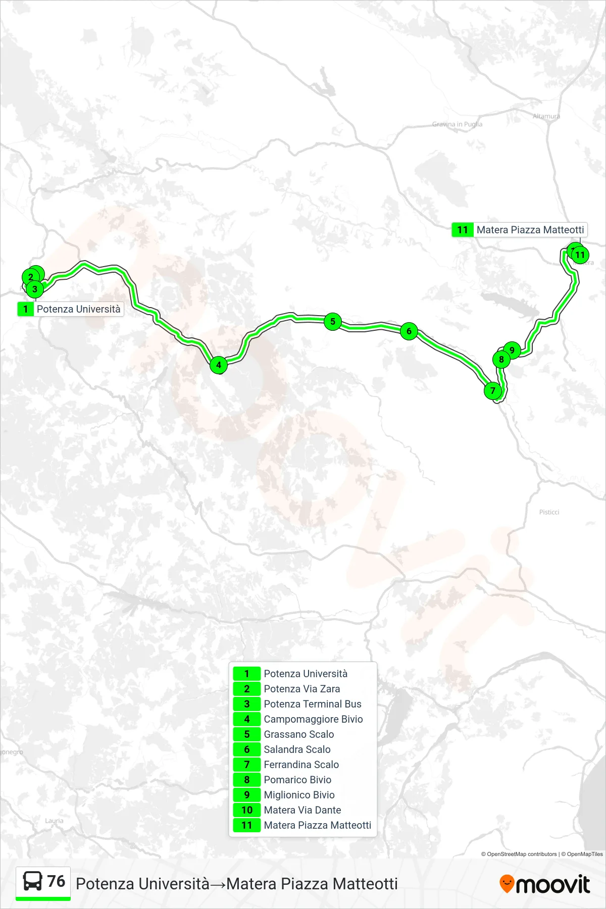 Linea 76 bus (Potenza Università→Matera Piazza Matteotti) - Percorsi e fermate sulla mappa