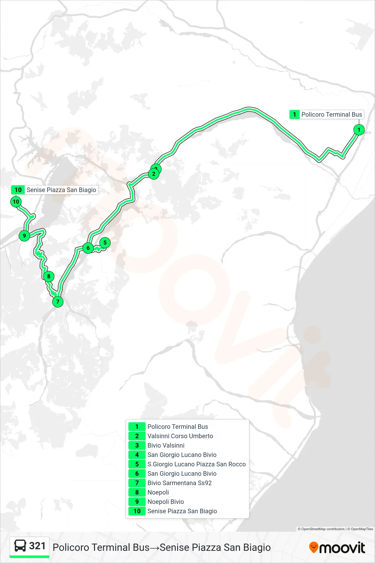 Linea 321 bus (Policoro Terminal Bus→Senise Piazza San Biagio) - Percorsi e fermate sulla mappa