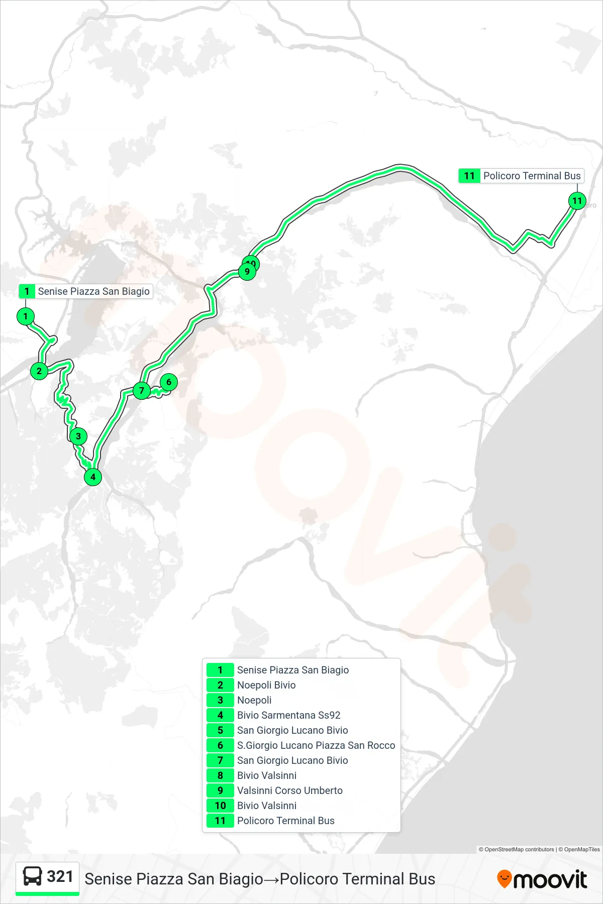 Linea 321 bus (Senise Piazza San Biagio→Policoro Terminal Bus) - Percorsi e fermate sulla mappa