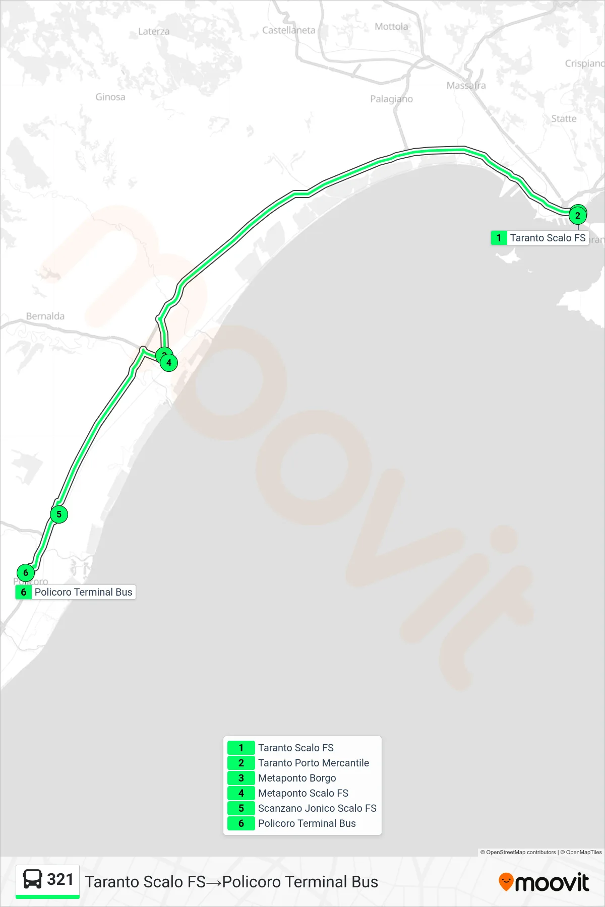Linea 321 bus (Taranto Scalo FS→Policoro Terminal Bus) - Percorsi e fermate sulla mappa