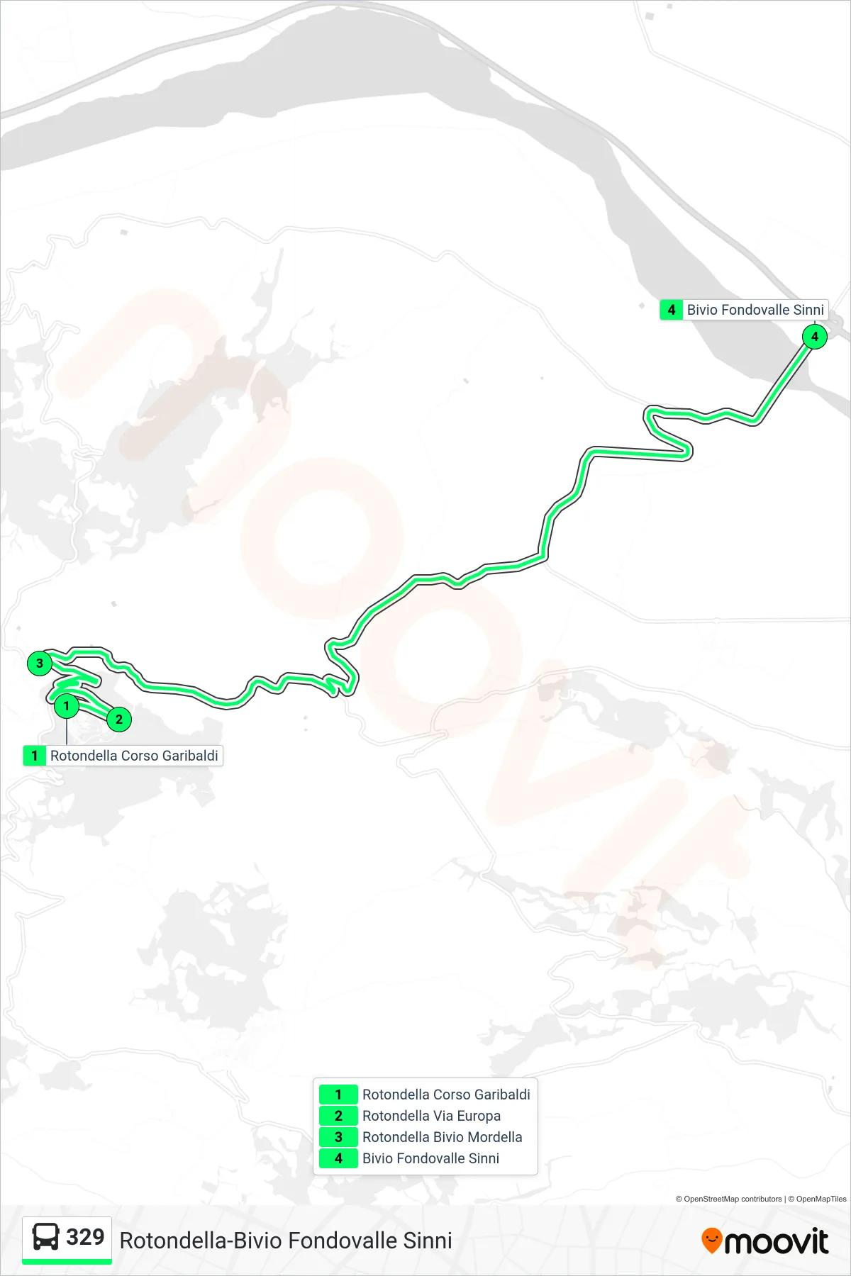 Linea 329 bus (Rotondella Corso Garibaldi→Bivio Fondovalle Sinni) - Percorsi e fermate sulla mappa