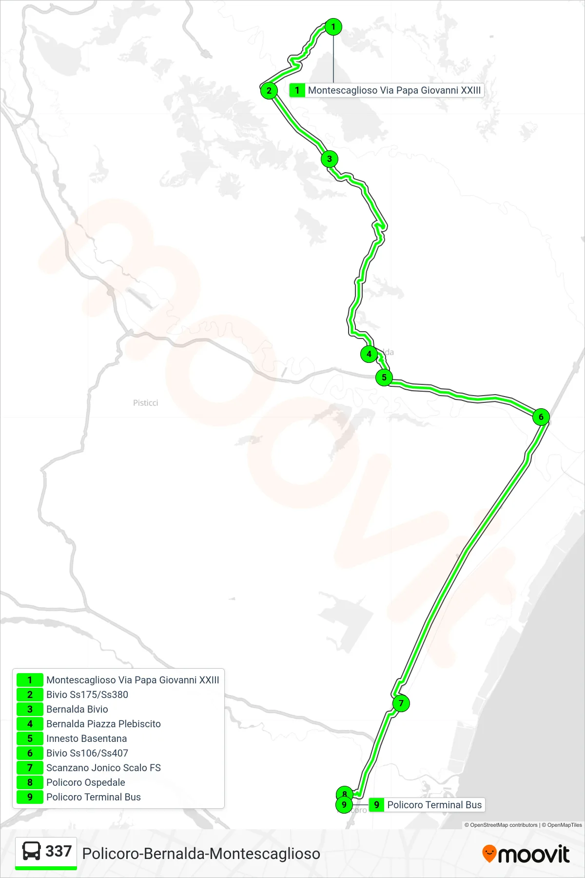 Linea 337 bus (Montescaglioso Via Papa Giovanni XXIII→Policoro Terminal Bus) - Percorsi e fermate sulla mappa