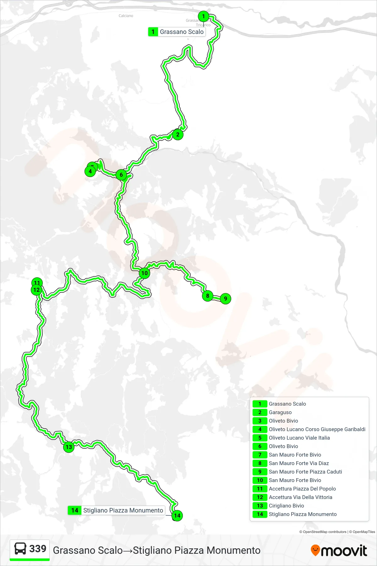 Linea 339 bus (Grassano Scalo→Stigliano Piazza Monumento) - Percorsi e fermate sulla mappa