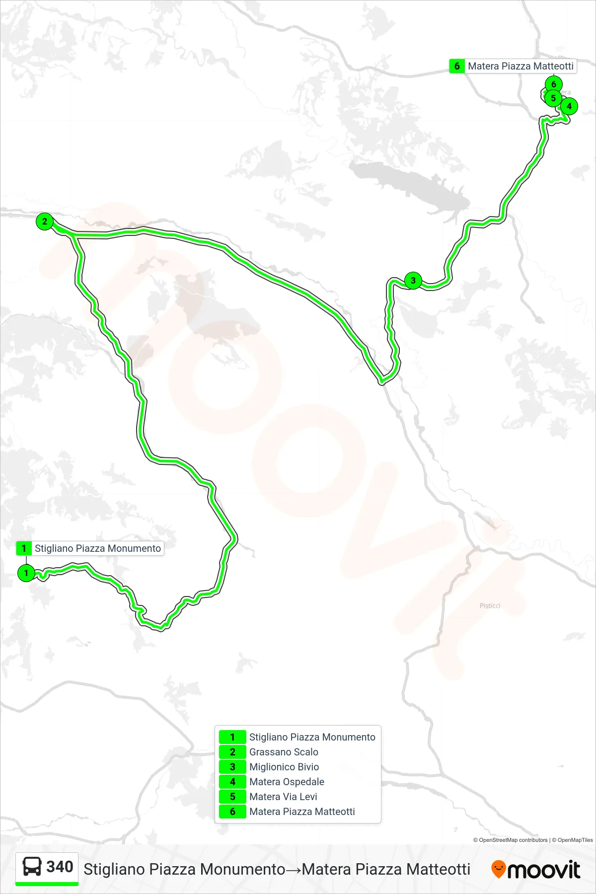 Linea 340  bus (Stigliano Piazza Monumento‎→Matera Piazza Matteotti) - Percorsi e fermate sulla mappa
