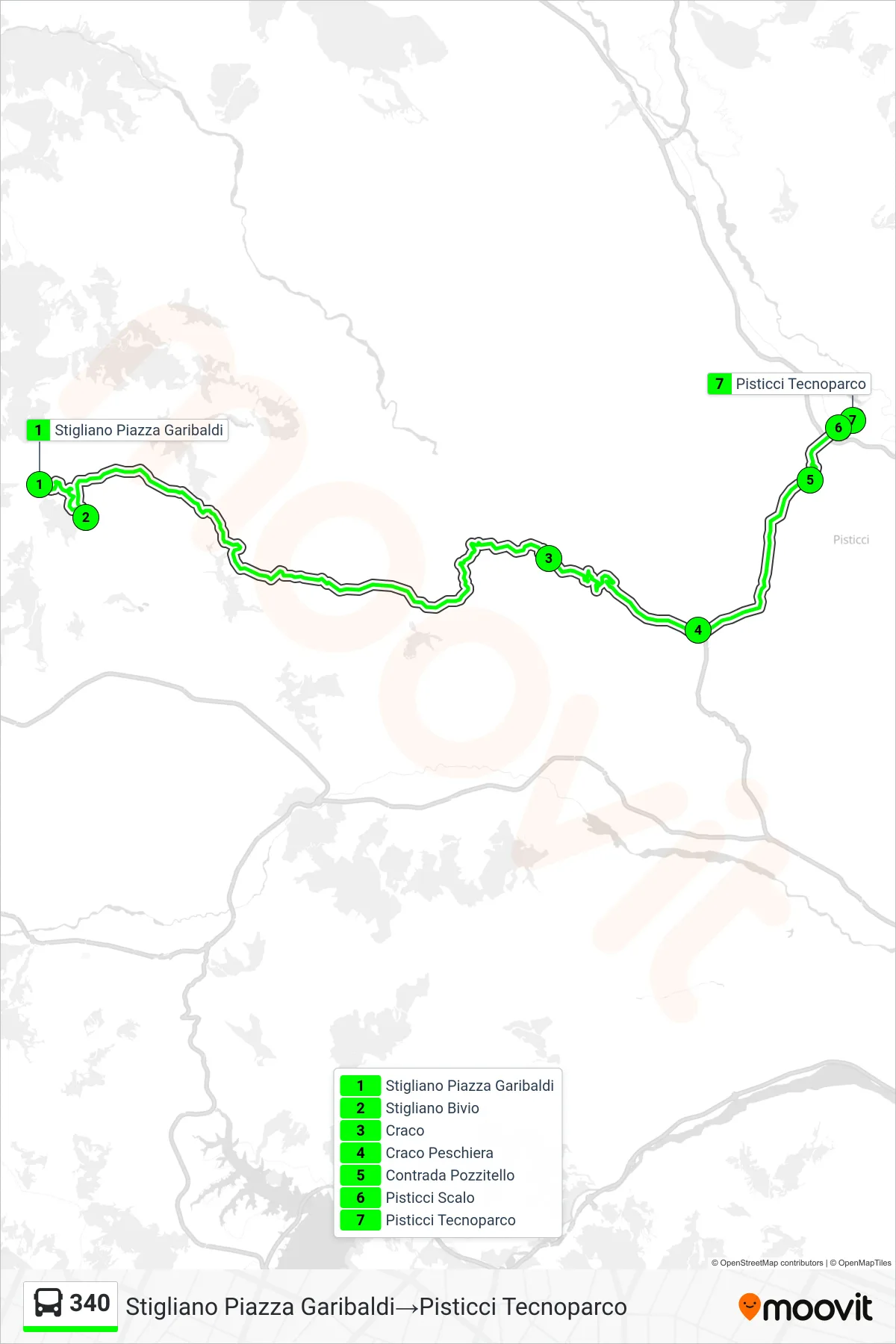 Linea 340  bus (Stigliano Piazza Garibaldi‎→Pisticci Tecnoparco) - Percorsi e fermate sulla mappa