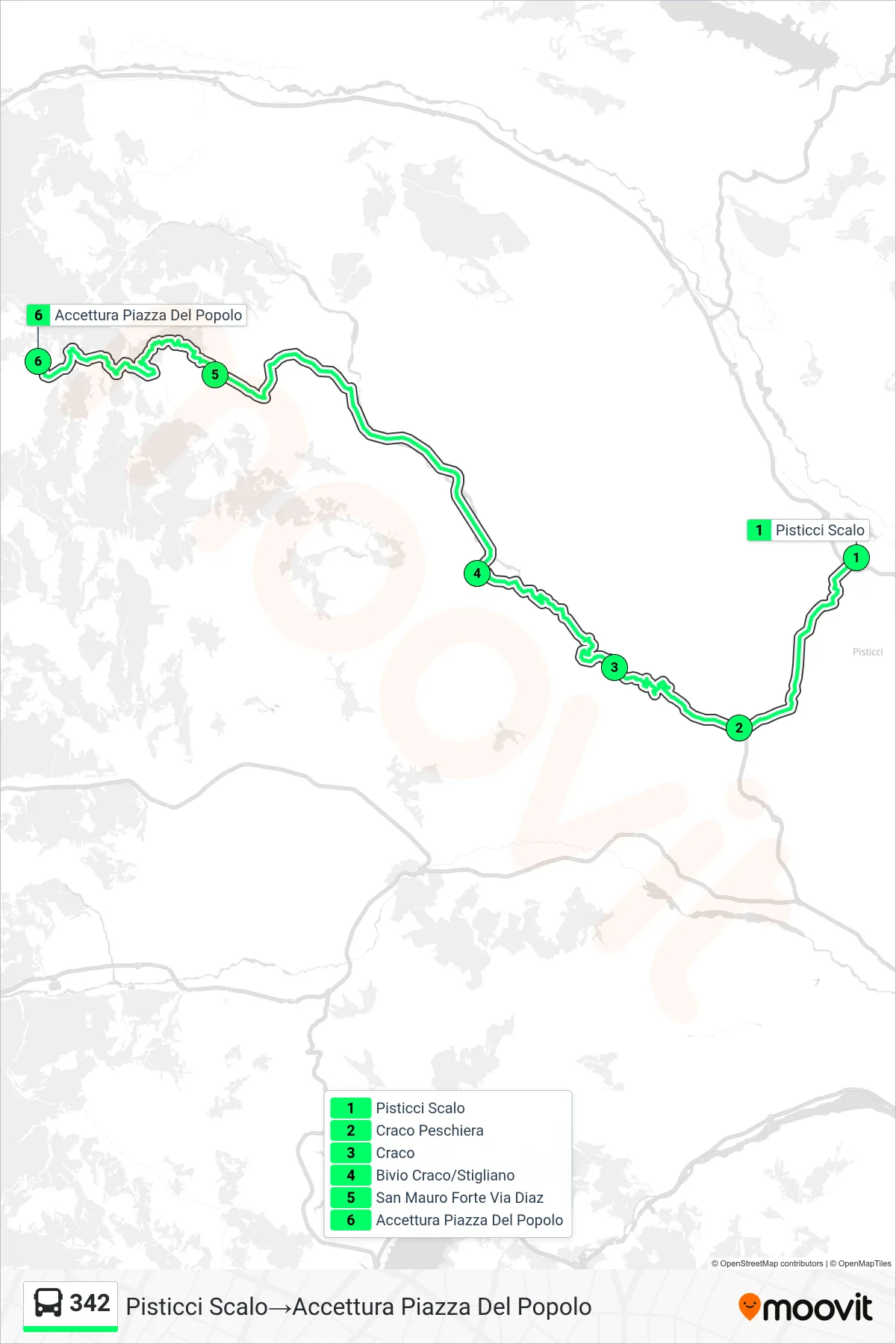 Linea 342 bus (Pisticci Scalo→Accettura Piazza Del Popolo) - Percorsi e fermate sulla mappa