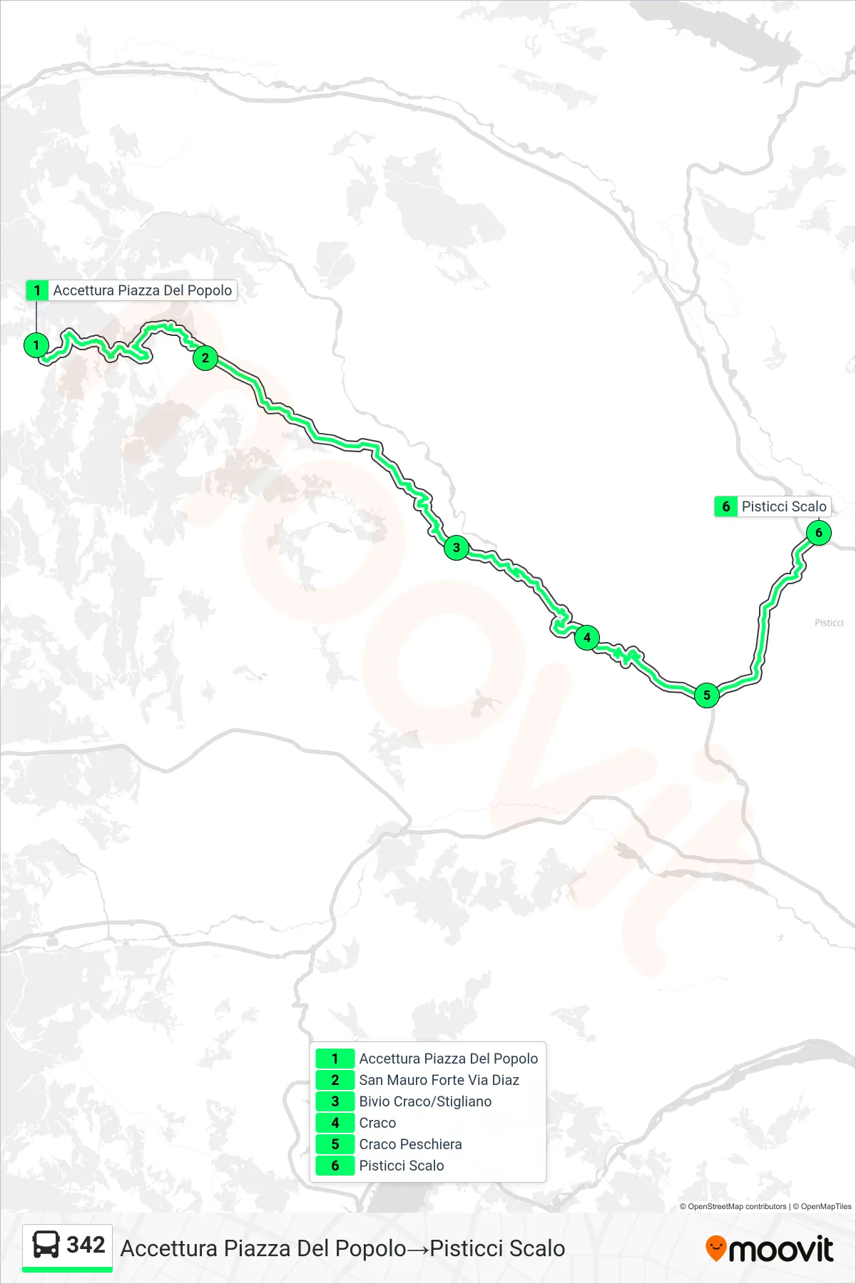 Linea 342 bus (Accettura Piazza Del Popolo→Pisticci Scalo) - Percorsi e fermate sulla mappa