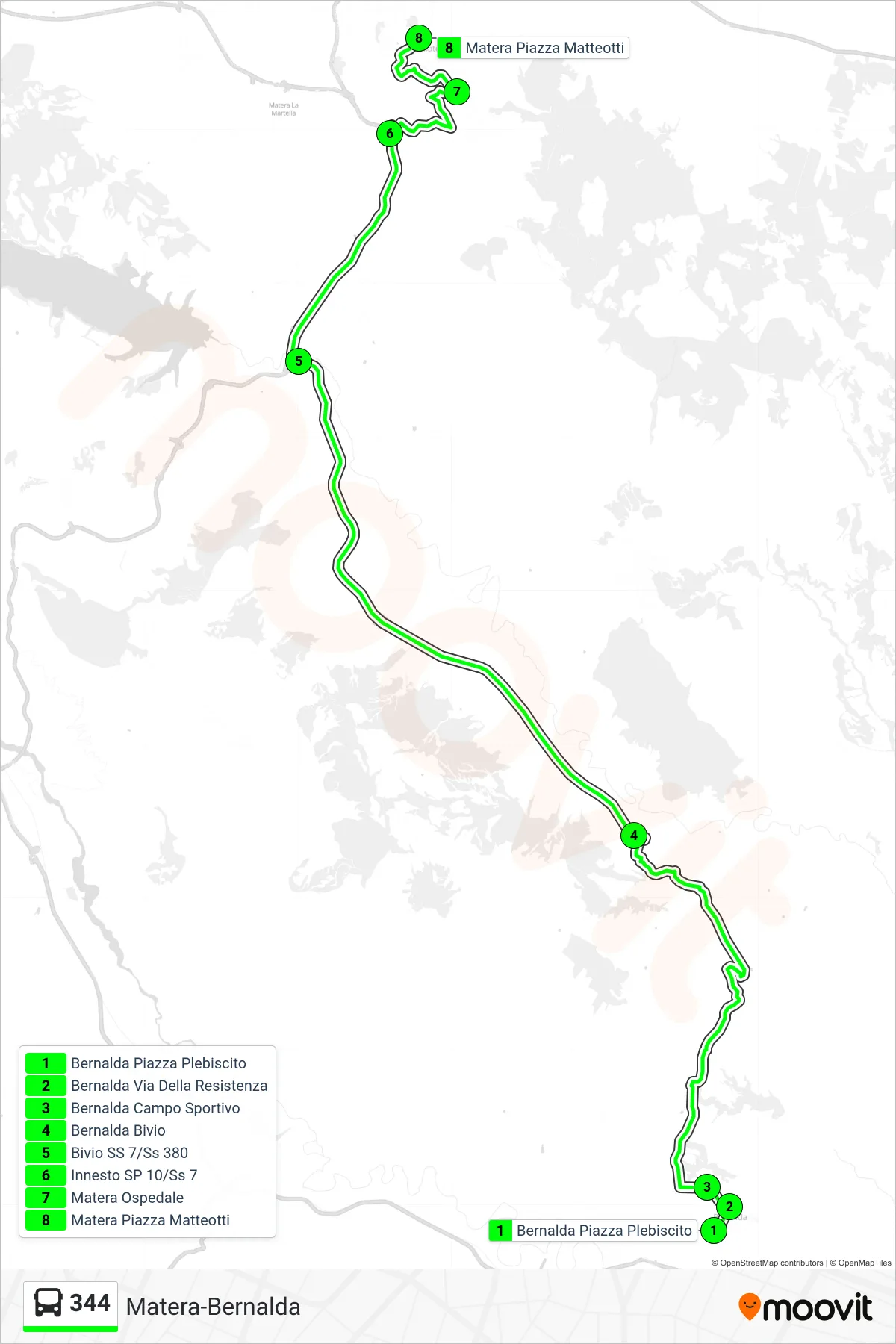 Linea 344  bus (Bernalda Piazza Plebiscito‎→Matera Piazza Matteotti) - Percorsi e fermate sulla mappa