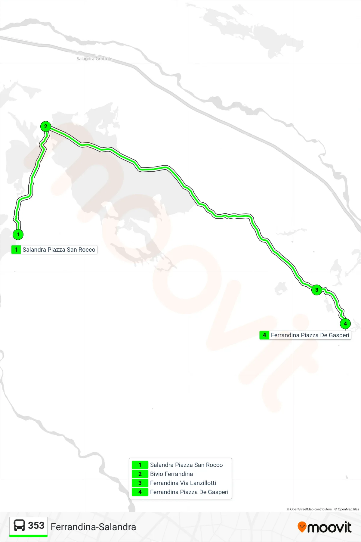 Linea 353 bus (Salandra Piazza San Rocco→Ferrandina Piazza De Gasperi) - Percorsi e fermate sulla mappa