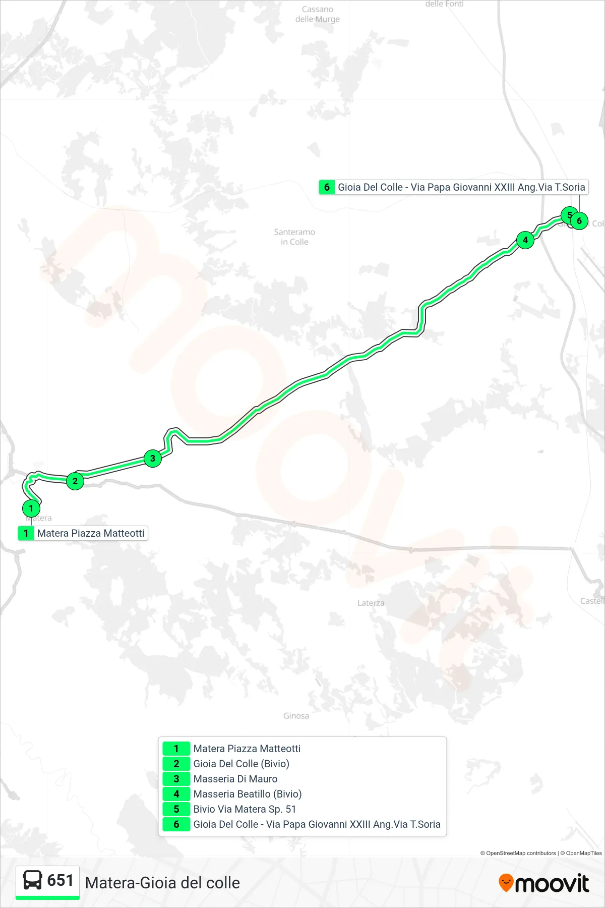 Linea 651 bus (Matera Piazza Matteotti→Gioia Del Colle - Via Papa Giovanni XXIII Ang.Via T.Soria) - Percorsi e fermate sulla mappa