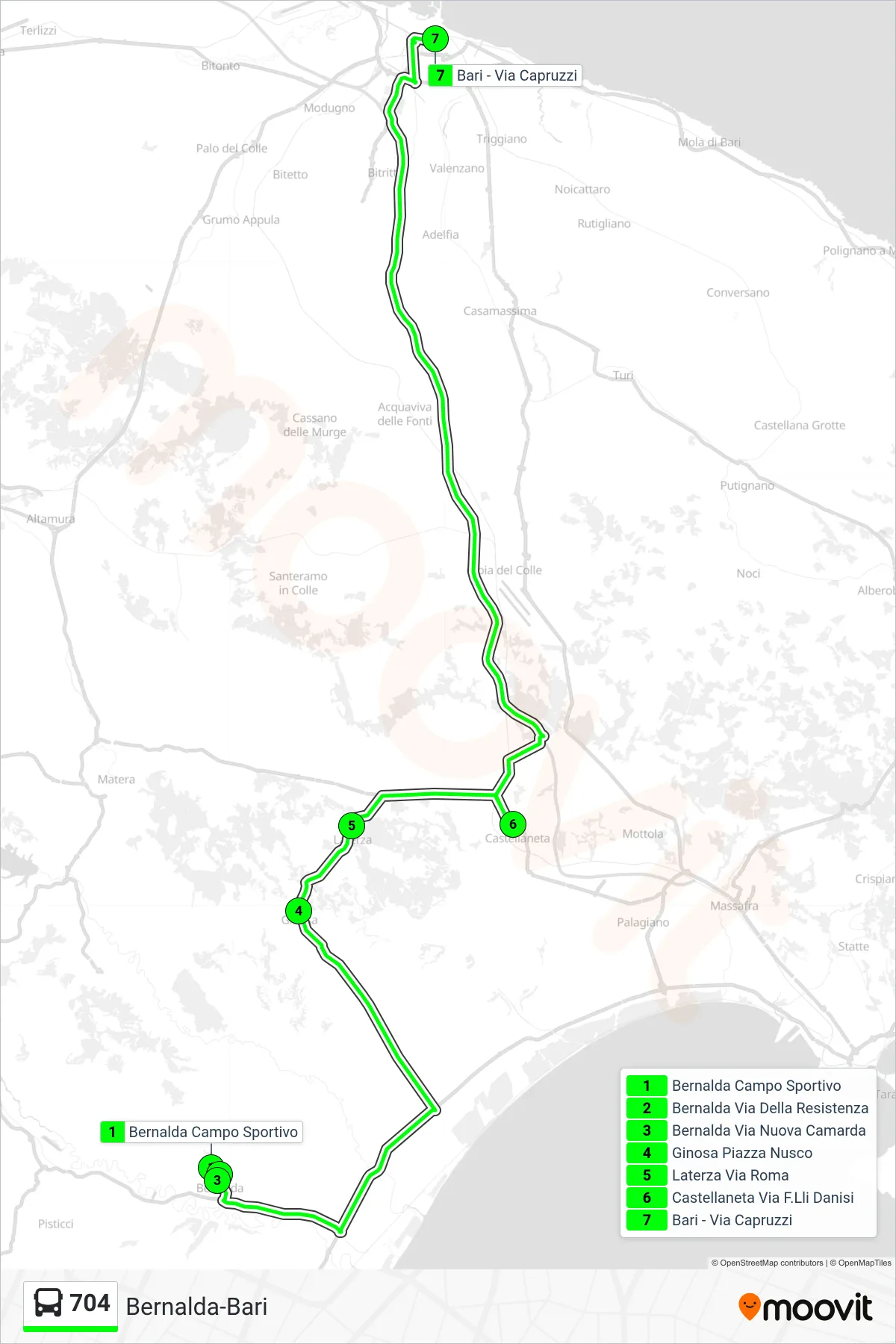 Linea 704 bus (Bernalda Campo Sportivo→Bari - Via Capruzzi) - Percorsi e fermate sulla mappa