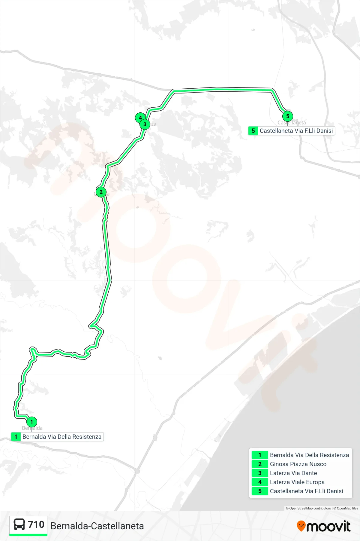 Linea 710 bus (Bernalda Via Della Resistenza→Castellaneta Via F.Lli Danisi) - Percorsi e fermate sulla mappa